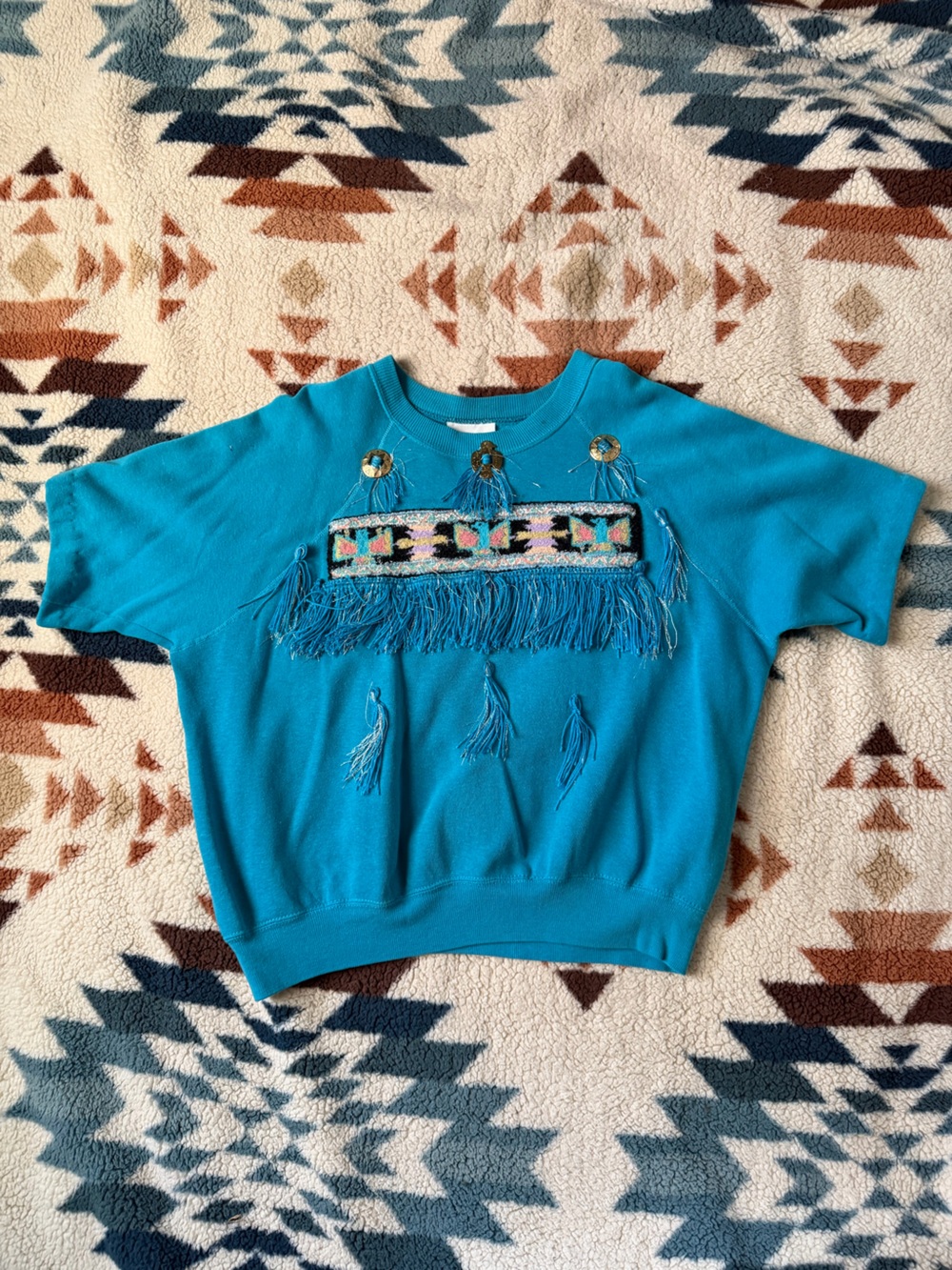 80s Turquoise Fringe Bassett Walker short sleeve sweater